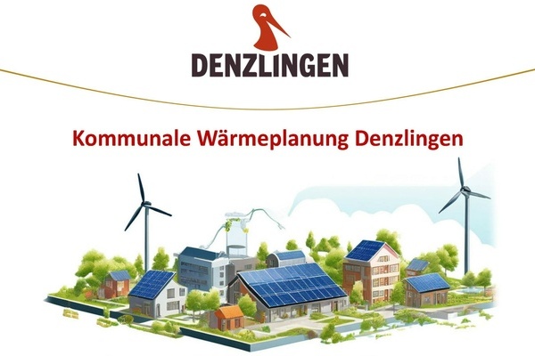 Rote Schrift auf weißem Grund, Denzlinger Logo, grafische Darstellung einer Ortschaft mit erneuerbarer Energiegewinnung