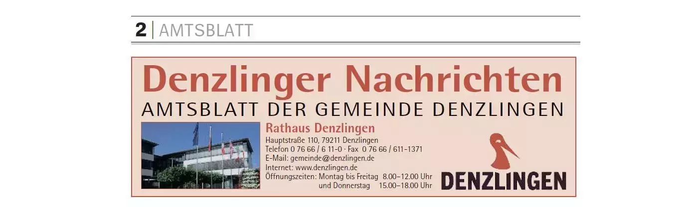 Foto Kopfzeile Amtsblatt "Denzlinger Nachrichten" mit Anschrift, ffnungszeiten und Bildansicht Rathaus