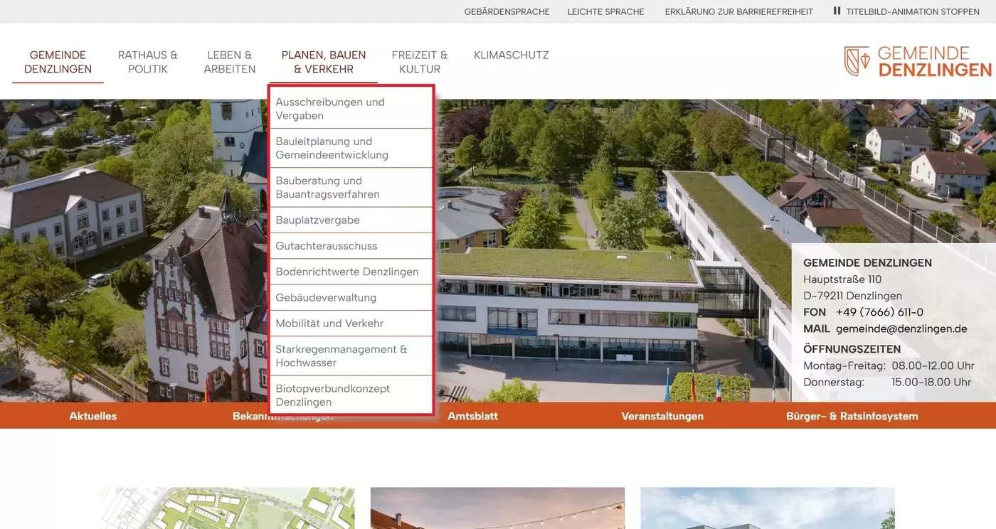 Menü Planen, Bauen und Verkehr Menü Planen, Bauen und Verkehr