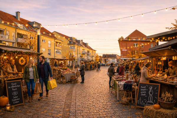 Ortsmitte mit Marktst&auml;nden und Besuchern 