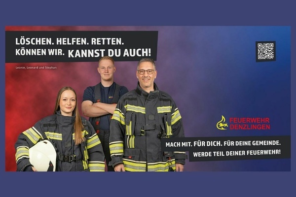 drei Feuerwehrleute in Uniform auf rotem und blauem Hintergrund. Wei&szlig;e Schrift auf schwarzem Hintergrund. Kreisweite Aktion der Freiwilligen Feuerwehren Aktion zur Mitgliedergewinnung