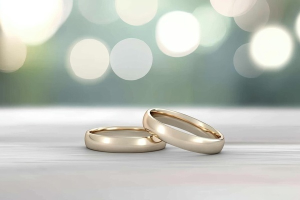 zwei goldene Eheringe liegen auf wei&szlig;er Fl&auml;che, helle Lichtpunkte im Hintergrund