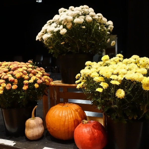 Blumen und Krbisse zieren die Bhne des Lothar-Fischer-Saals