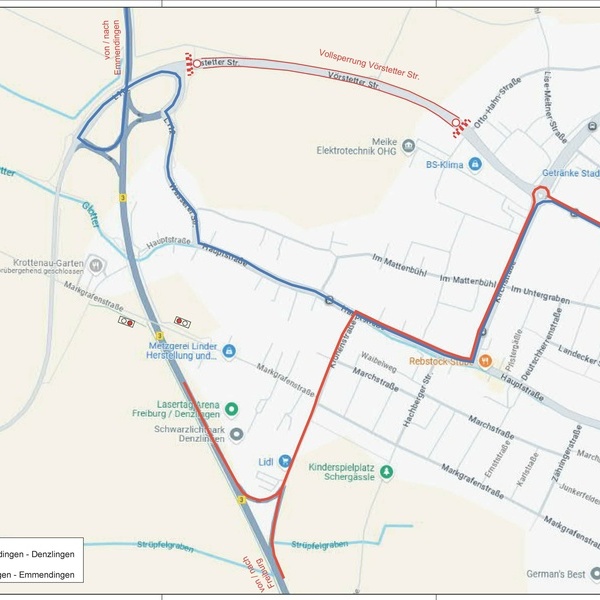 Karte, grafische Darstellung der Verkehrsfhrung in Denzlingen fr Vollsperrung der Vrstetter Strae