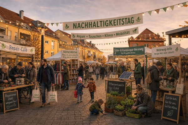 Ortsmitte mit Marktständen und großem Banner "Nachhaltigkeitstag" Ortsmitte mit Marktständen und großem Banner "Nachhaltigkeitstag"