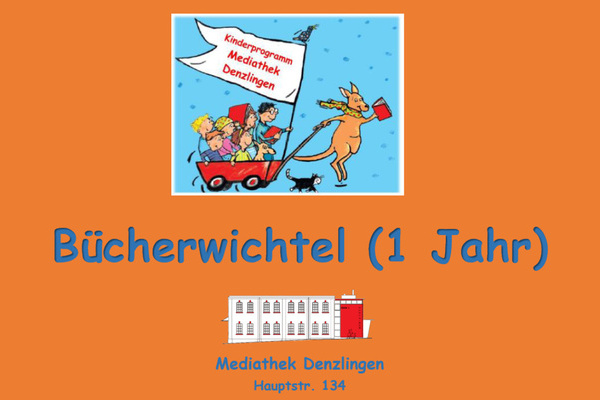 B�cherwichtel Mediathek Denzlingen - blaue Schrift auf orangenem Untergrund