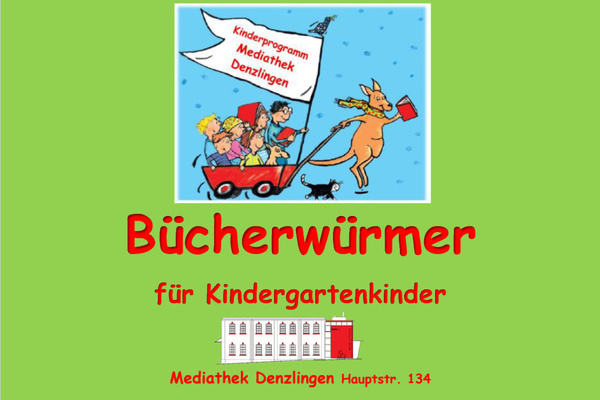 B�cherw�rmer - Mediathek Denzlingen, rote Schrift auf gr�nem Untergrund